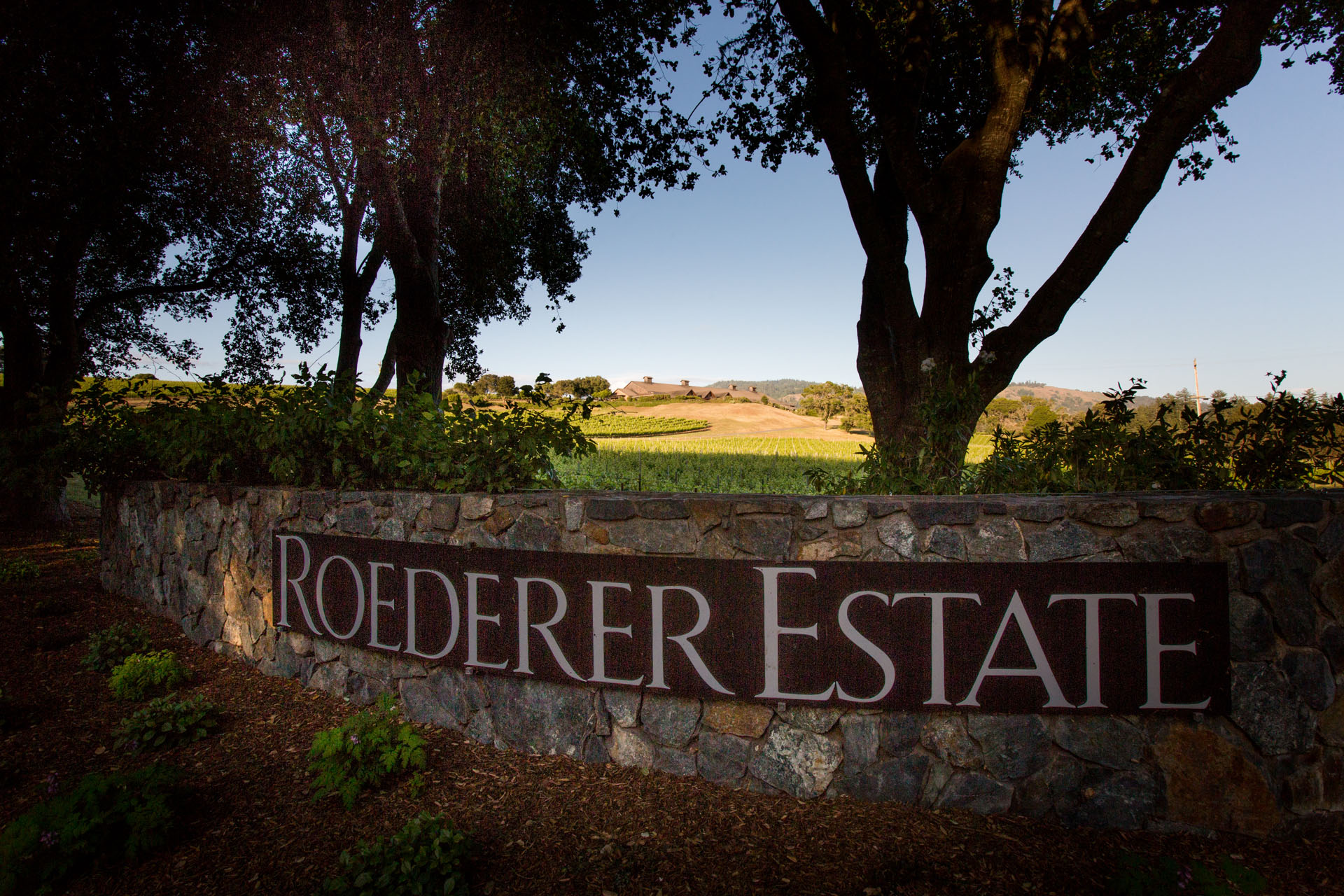 A stone wall with the sign "Roederer Estate" stands in the foreground, surrounded by trees. In the background, there are vineyards and rolling hills under a clear blue sky.