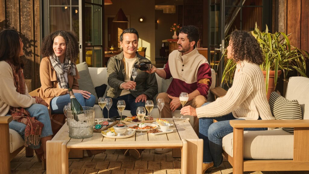 Friends tasting on the patio at Roederer Estate.